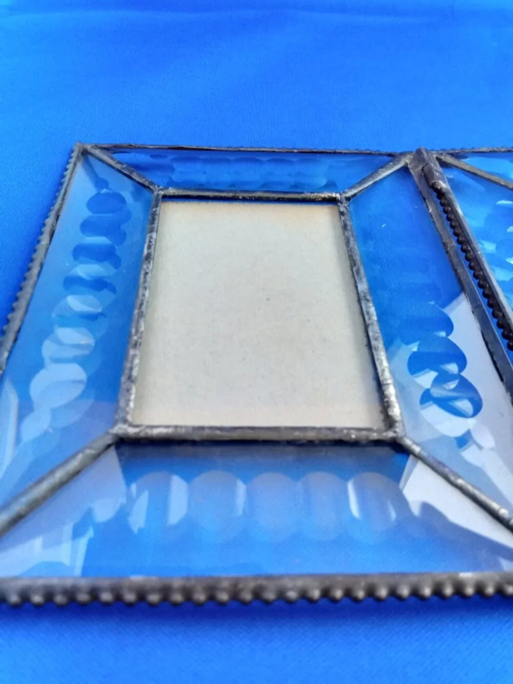 Vintage cut clear glass metal edged folding 2 part picture frame 2''x3'' picture